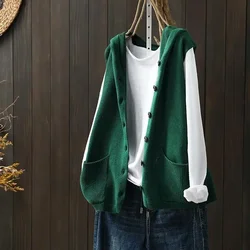 Hooded Knitted Vest Women Cardigan Sleeveless Coat Retro Harajuku Loose Spring Autumn Tops Korean Fashion Pocket New