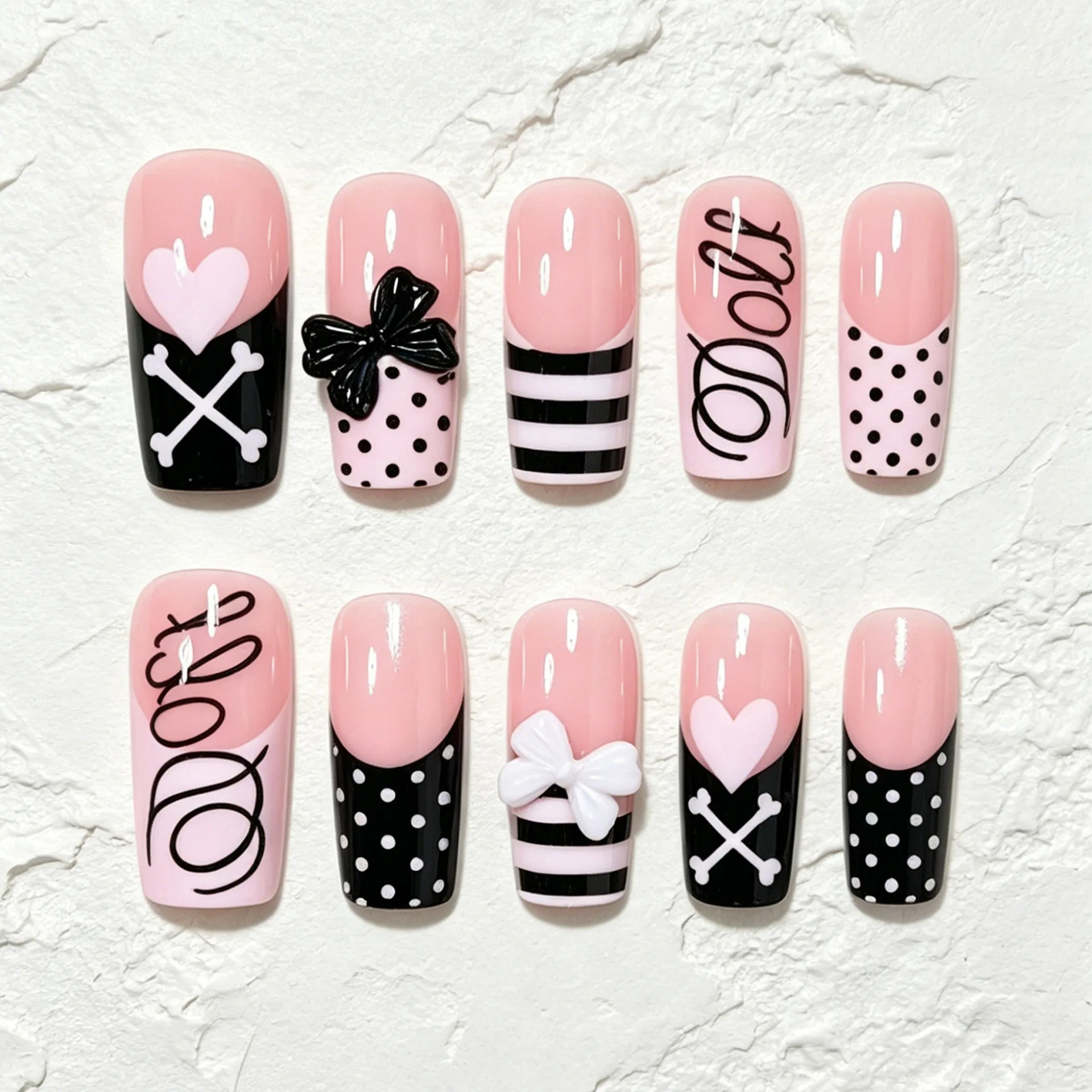 24 Stück Europäische Lange Eckige Künstliche Nägel Y2k Schwarz-Weiß Polka Dot Streifen Französischer Stil Aufklebenägel Schleifen Herz-Dekor Kunstnägel – Detail 4