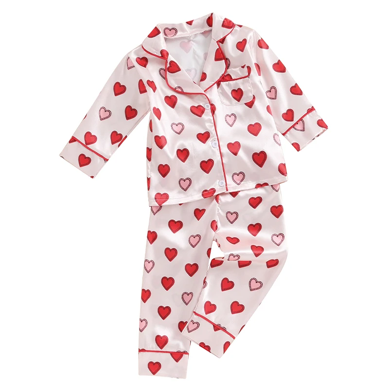 1-5Y Sweety Kids Girls Loungewear Sleepwear Set Heart Print Long Sleeve Lapel Button Shirt Elastic Waist Loose Pants Pajama Set