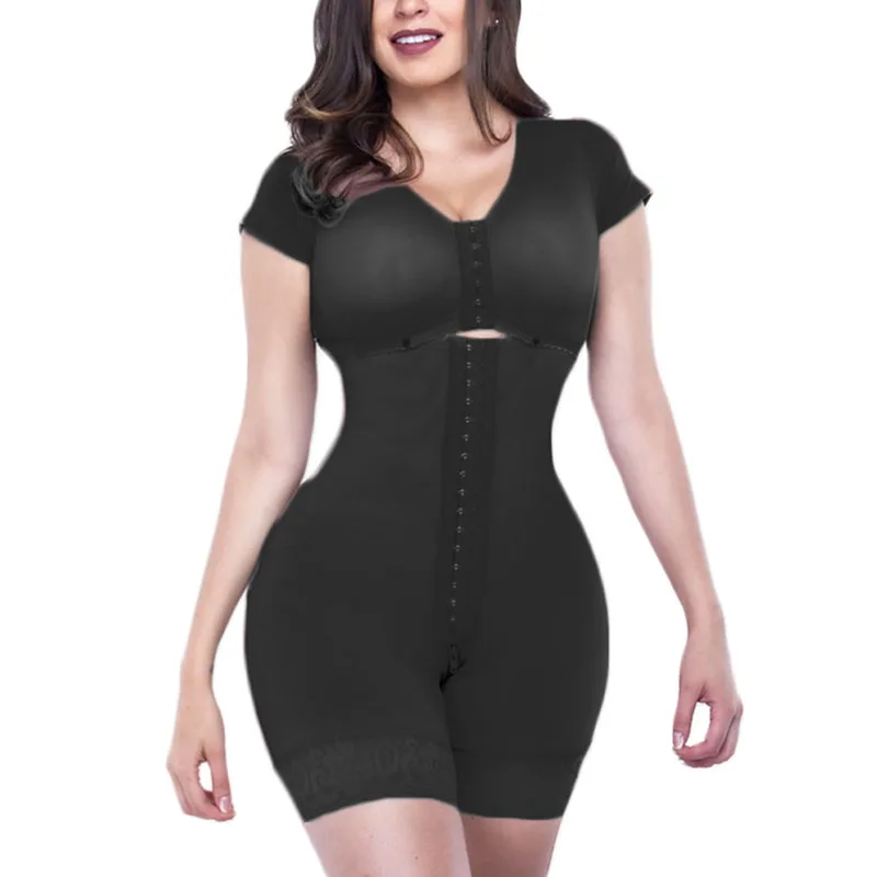 Fajas Colombia High Qualit Adjustable Hook Eye Front Closure Fajas Colombianas Short Sleeve Women Shapewear With Bra