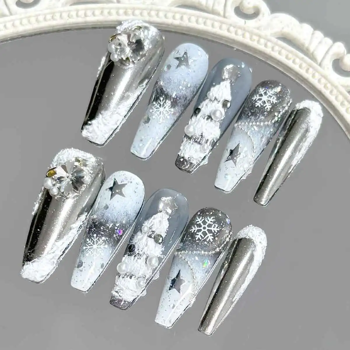 10pcs Handmade Press on Nails Long Coffin-Shaped Nails,Christmas Nails, Magic Mirror Pink Snowflake Sparkle Pearl False Nails