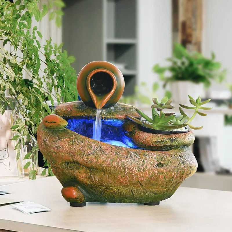 Tabletop Fountain Indoor Water Led Desk Automatic Pump Waterfall Succulent Plant Pot Stone Base