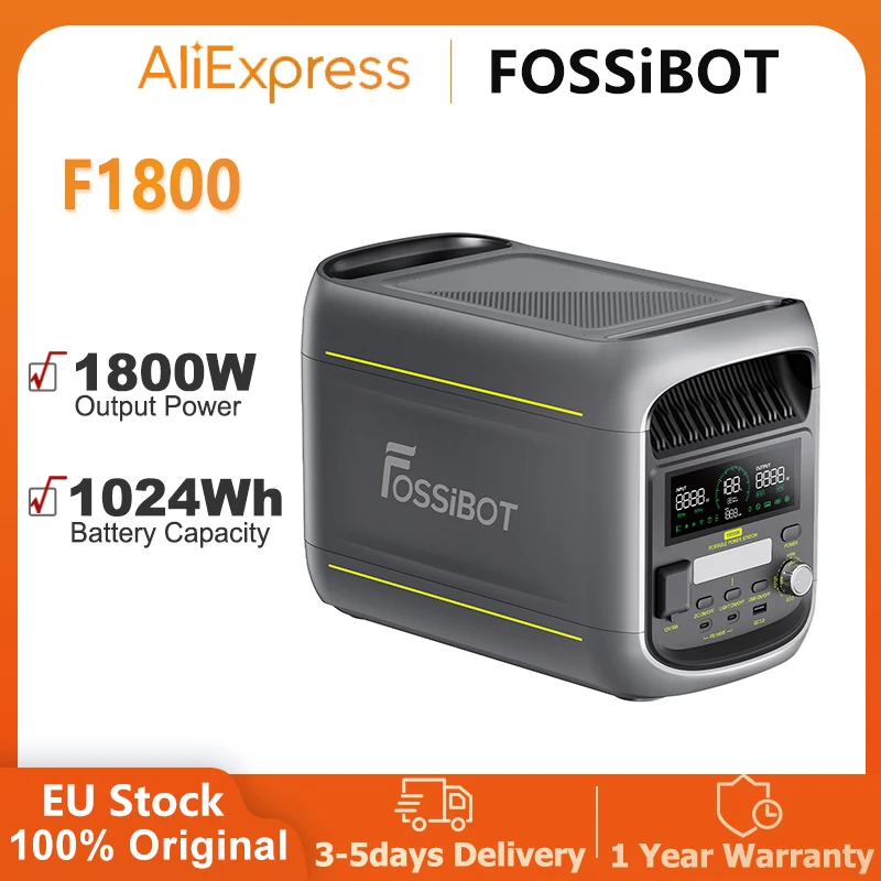 FOSSiBOT F1800 1800W Przenośna Stacja Zasilania, 1024Wh LiFePO4, Wyjście AC 1800W, Ultra-Szybkie Ładowanie 1200W AC i 500W Słoneczne, Wieloportowe Wyjścia USB/Type-C/Automobilowe, Generator Solarny z