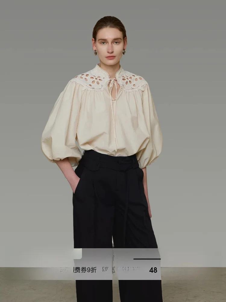 

Женская свободная рубашка UNSPOKEN с вырезами, рукавами-фонариками, хлопковый топ, элегантный стиль, рукав до локтя, однотонная, летняя одежда