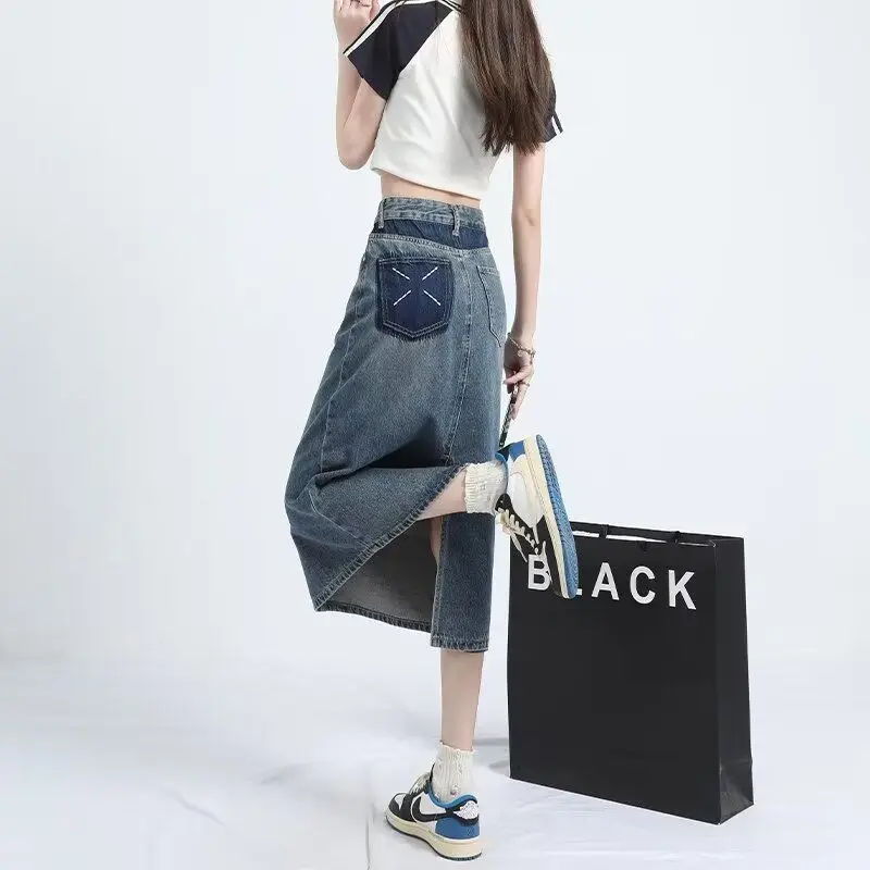 Retro Denim Skirt for Women with High Waist and Slimming Effect A-line Plus Size Back Split Skirt