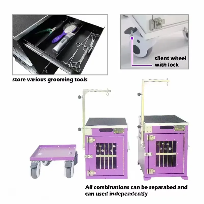 Stackable Lockable Aluminum Two Berth Double Decker Dog Show Cage Set Trolley Grooming Arm Drawer Button/Snap Button Closure