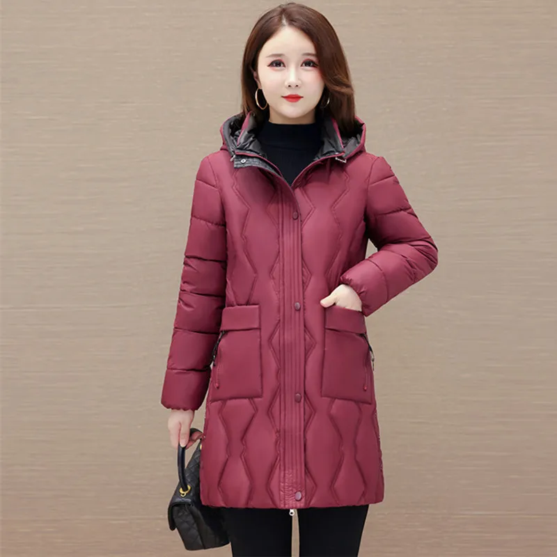 

Thicken Warm Down Cotton Jacket For Women Hooded Winter Middle-length Wadded Coat Middle Aged Mother Parkas With Pocket XL-5XL