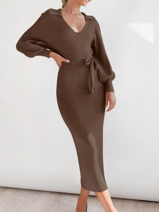 

Women's Dress 2025 Fashion Autumn/winter Elegant Retro Light Mature Style Lantern Sleeves V-Neck Solid Color Knitted Wool Dress