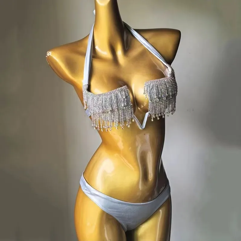 

Женский сексуальный роскошный бикини со стразами и бриллиантами, бюстгальтер цвета: золотистый, серебряный, со стразами и бахромой, наряд бикини для пляжного отдыха, купальник