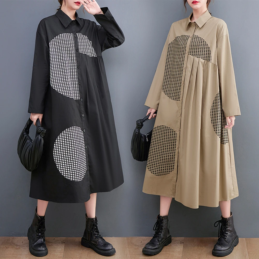 NYFS 루즈 플러스 사이즈 프린트 롱 드레스 봄 가을 2026 빈티지 긴 소매 여성 로브 셔츠 드레스