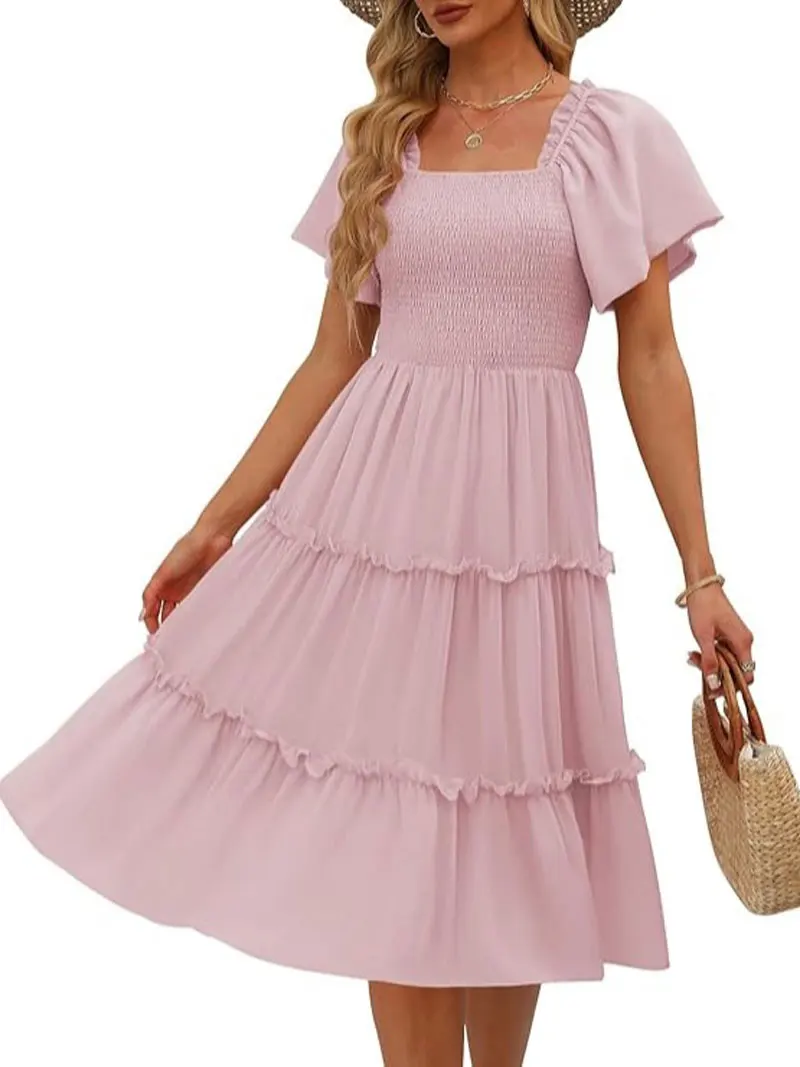 Casual Schmetterling Ärmel Quadrat Kragen Midi Kleid frauen Sommer Mode Gored Rock Kurzarm Knielangen Chinesischen Stil