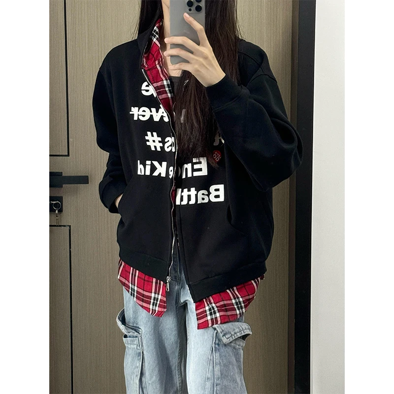 

Bla Hooded Open Cardigan Sweatirt Jaet Men's Spring Autumn Trendy Plaid Design Couple's Hoodie American Sle