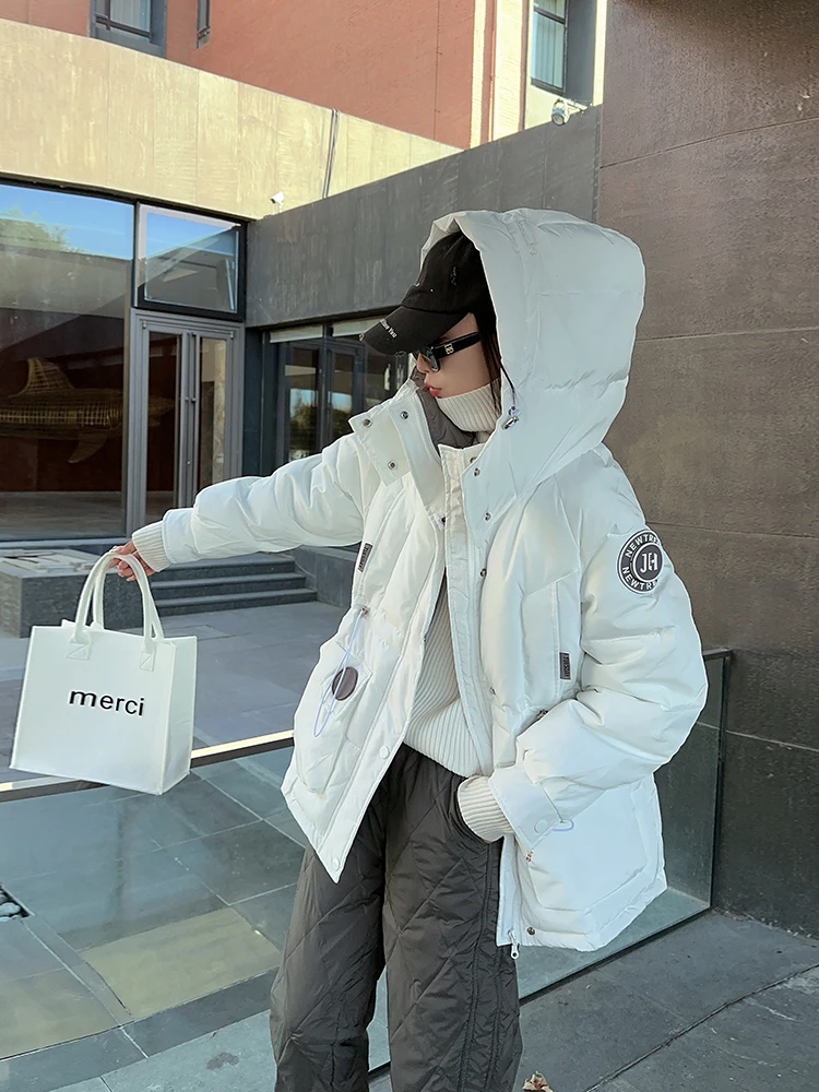 

2023 Winter New Mid length Solid Color Cotton Coat Fashion INS Large Pocket Waist Hooded Korean casual bread jacket