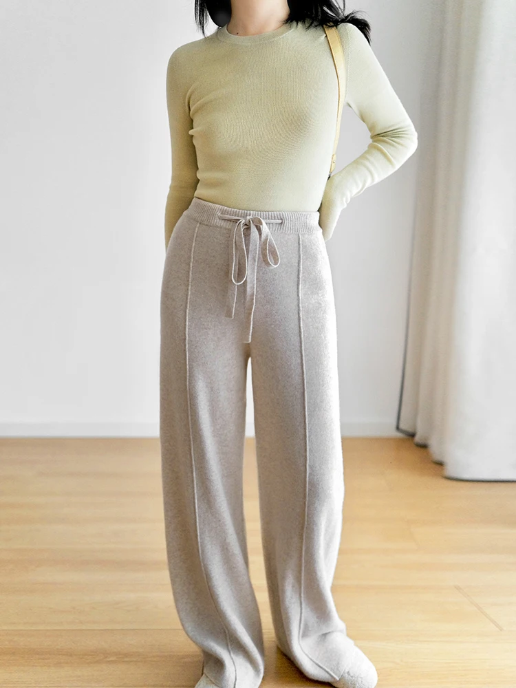 

Tee Good Mornings Thiened Wide Leg Straight Knitted Pants Women's Casual Trousers Dstring Elastic Waist Autumn Winter New