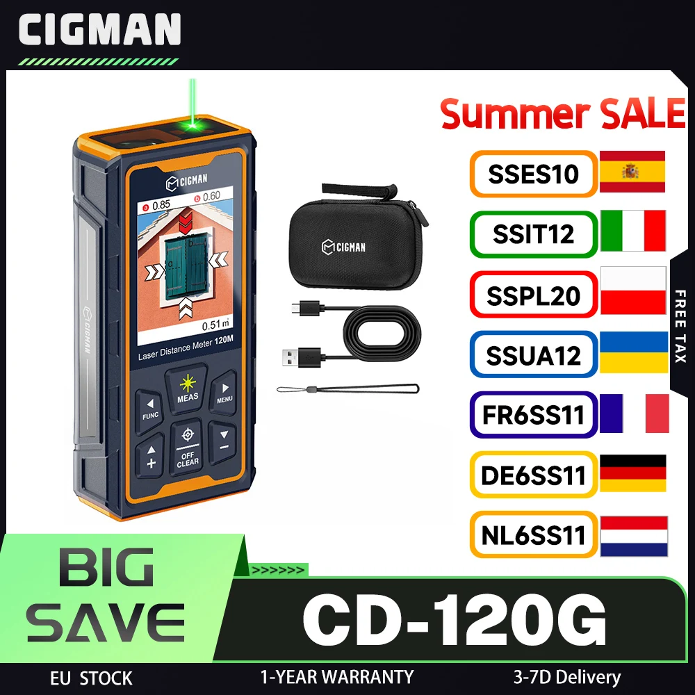 Outil de mesure laser CIGMAN CD-120G avec caméra 4X, technologie P2P, IP68, écran IPS 2,4 pouces, conception multifonctionnelle, durable