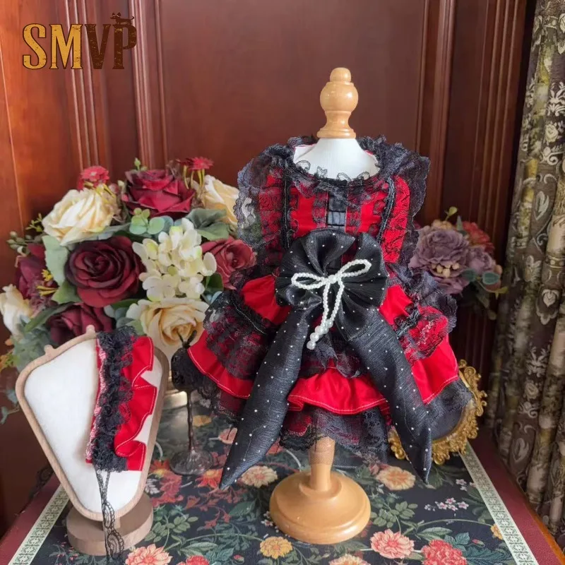 Handmade Floral Print Lolita Pet Suspender Dress Full Black Lace Trim Multi-Layer Ruffle Dress Large Sparkle Pearl Waist Bow