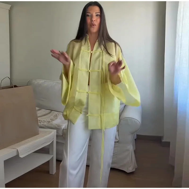Elegant Chinese Style Frog Button Blouse Sheer Wide Sleeve Loose Fit 2026 Summer Office Casual Chic Breathable Wear Women Top