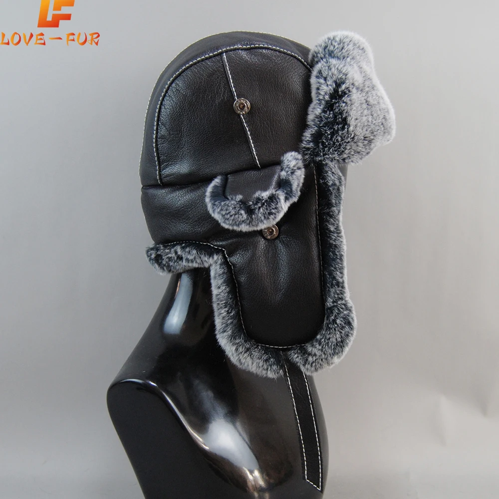 

New Arrival Male Real Fur Caps Men 100% Natural Rex Rabbit Fur Bomber Hats Winter Russian Man Warm Real Sheepskin Leather Hat