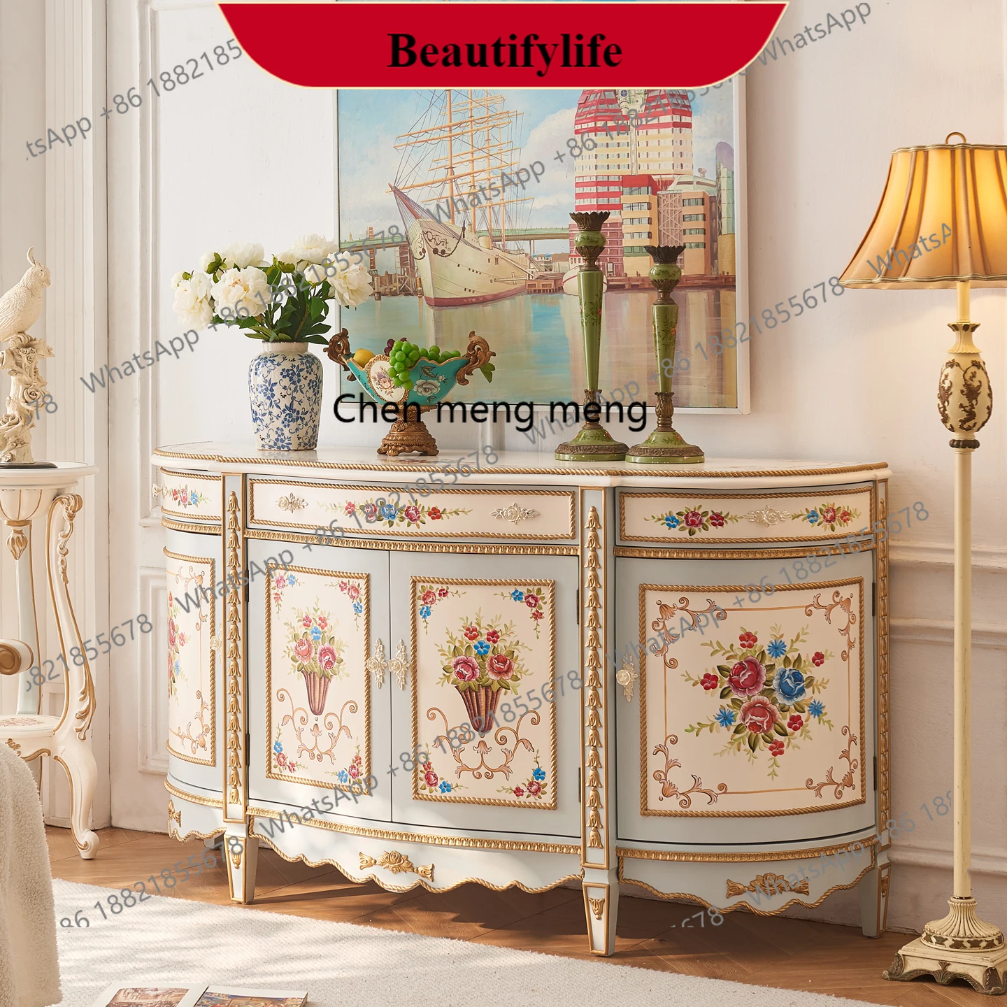 

G153 Retro French villa hand-painted solid wood luxury entrance cabinet European semi-circular corridor bedroom bedside cabinet