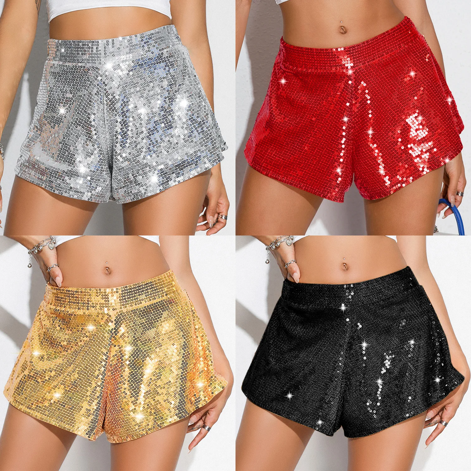 Summer New High Waist Casual Shorts Sexy Sequined High Elastic Sequined Beads Bar Performance Women Clothing