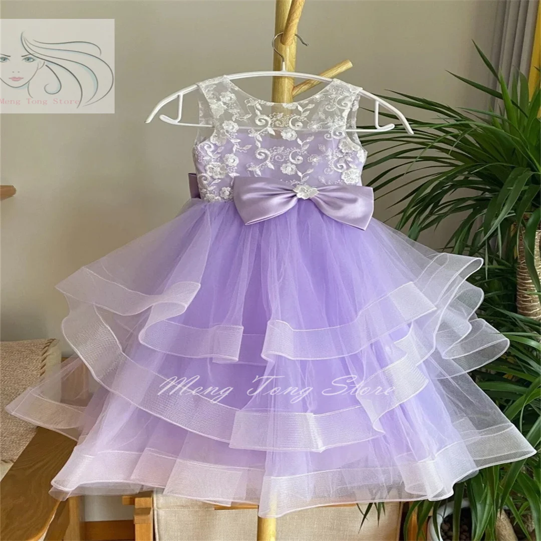 Flower Girl Dresses Purple Tulle Tiered White Flory Pattern With Bow Sleeveless For Wedding Birthday Party First Communion Gown