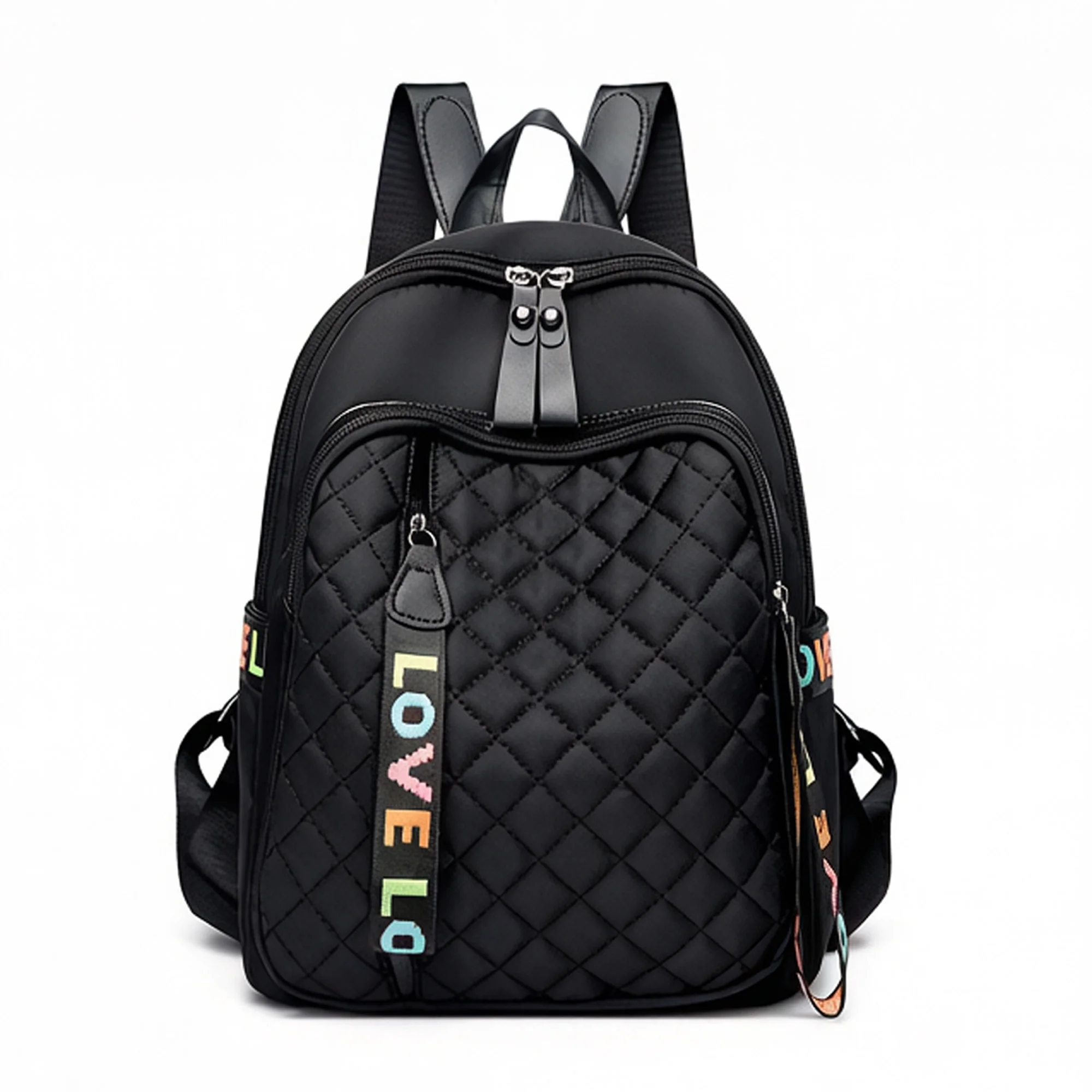 

Quilted Pattern Ladies Backpack Color Letter Ribbon Decor Multi Zipper Pockets Daypack Adjustable Shoulder Straps For Daily Shop