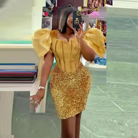 Gold Velvet And Sequined Short Prom Dress Puffy Short Sleeves Above Knee Evening Gowns African Cocktail Party Dress