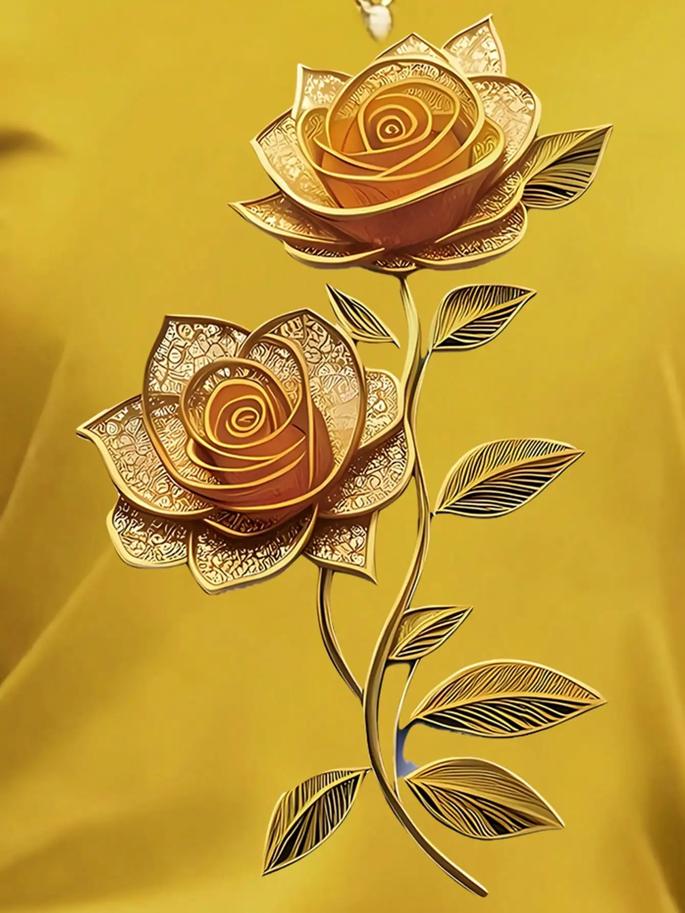 Women's Yellow T-Shirt with Gold Rose Print, Round Neck Short Sleeve Casual Top image 3