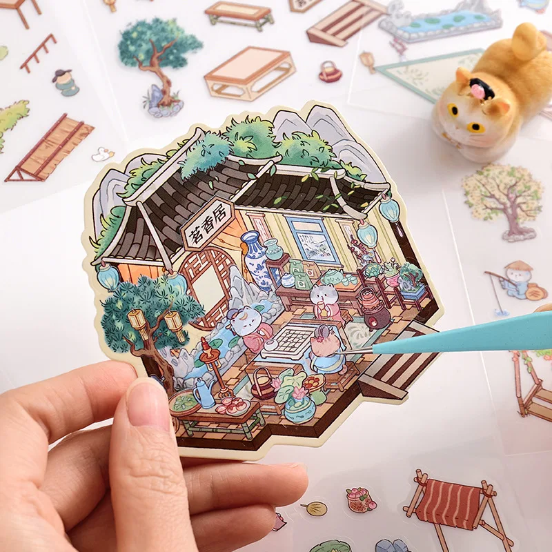 

Leisure Courtyard Series Chinese Style Stickers 3D Garden Diorama Scenic Decals Traditional Landscape Scene for Journal DIY