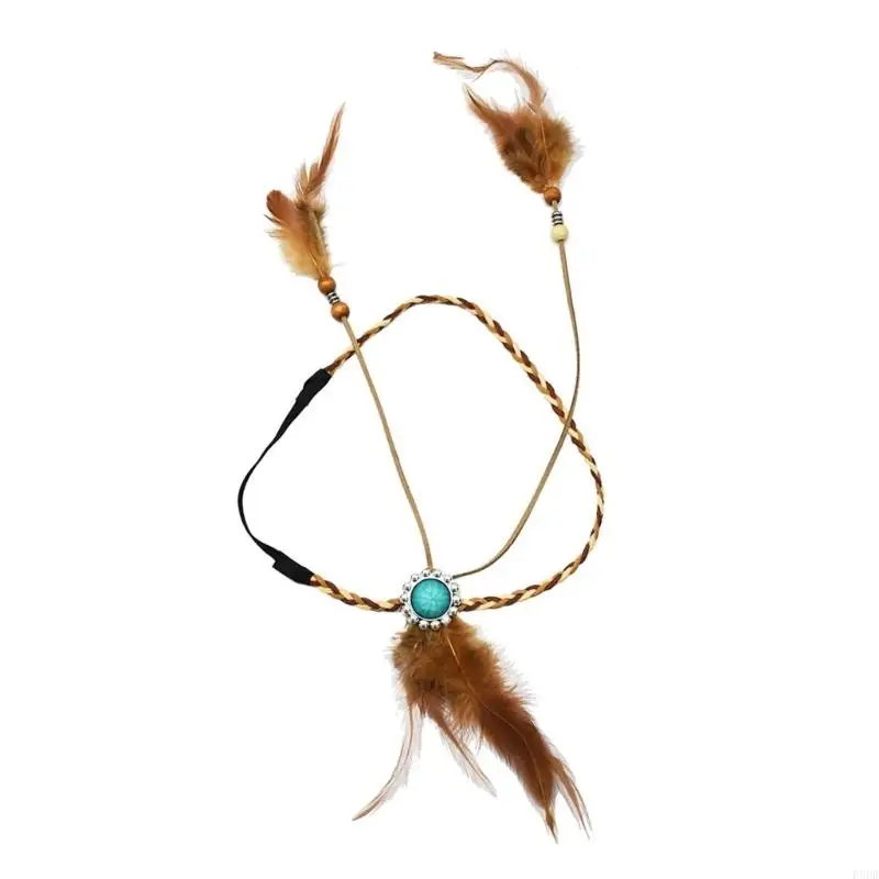 

P8DB Native American Headdress Boho Feathers Headbands Hippie Indian Headpiece