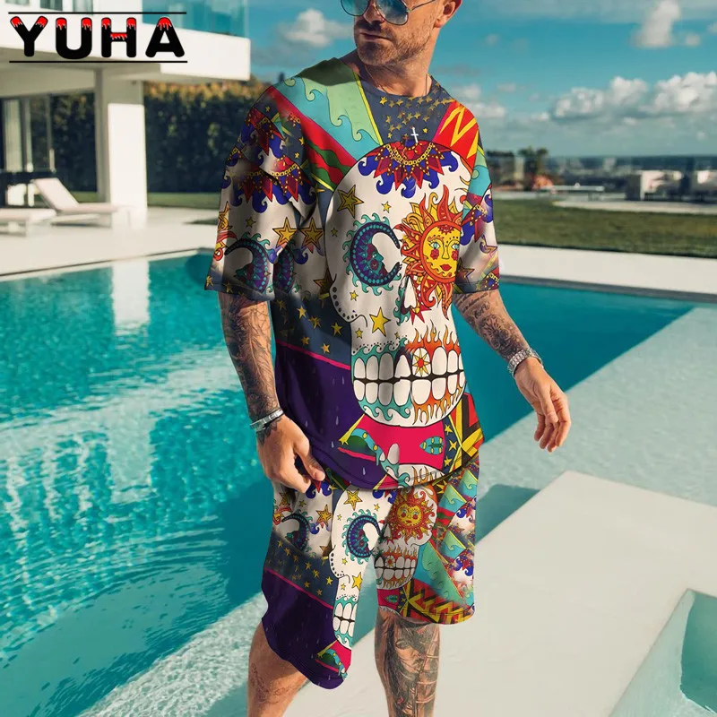 T Shirt Sets 3D Terrible skeleton Print YUHA,Summer Men\'s Clothing Casual Shorts Tracksuit Male 2 Piece Suit Newest  Short Sleev