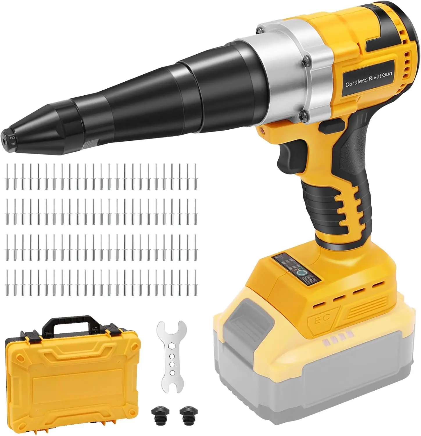 

Cordless Rivet Gun for 20V Max Battery, Brushless Auto Pop Rivet Tool with 100pcs 5/32'' Rivets, 3 Jaws 1/8'' 5/32'' 3/16''