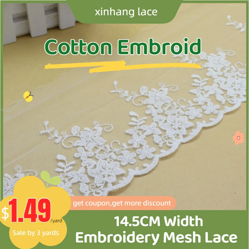 

3yards White 14.5cm Cotton Embroidery Sewing Ribbon Guipure African Lace Fabric Trim DIY Wedding Garment Accessories#3006
