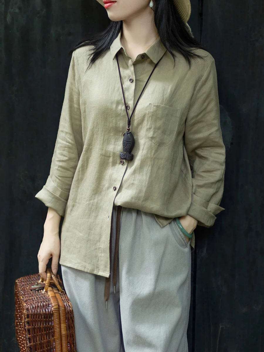 

Классическая повседневная однотонная льняная блузка с длинным рукавом для женщин, модная, в стиле ретро, с отложным воротником, на пуговицах, универсальная