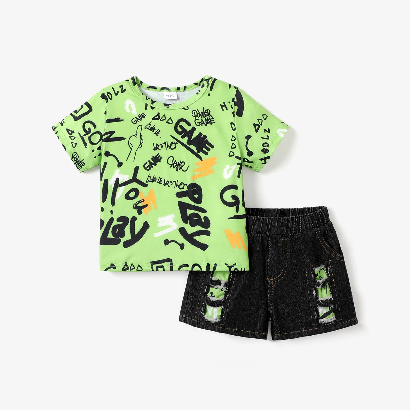 

PatPat 2pcs Toddler Boy Trendy Ripped Denim Shorts and Letter Print Tee Set