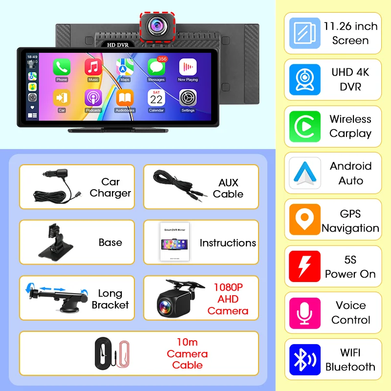 Develuck novo 11.26 ''4k carro dvr sem fio carplay android auto