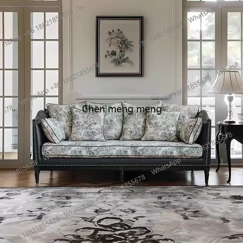 American retro solid wood sofa three-person black and white flower printed rivet decorative sofa
