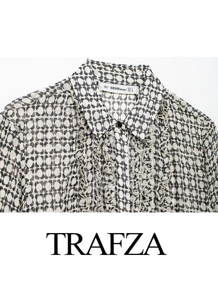 TRAFZA-elegante blusa estampada de um só peito para mulheres, manga comprida, blusa casual, laminada, camisa feminina, verão