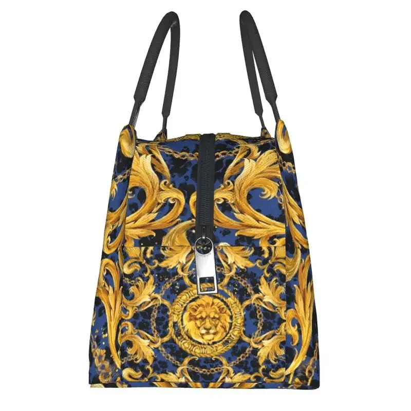 Baroque Golden Lion And Damask Insulated Lunch Tote Bag for Women Portable Cooler Thermal Food Lunch Box Outdoor Camping Travel