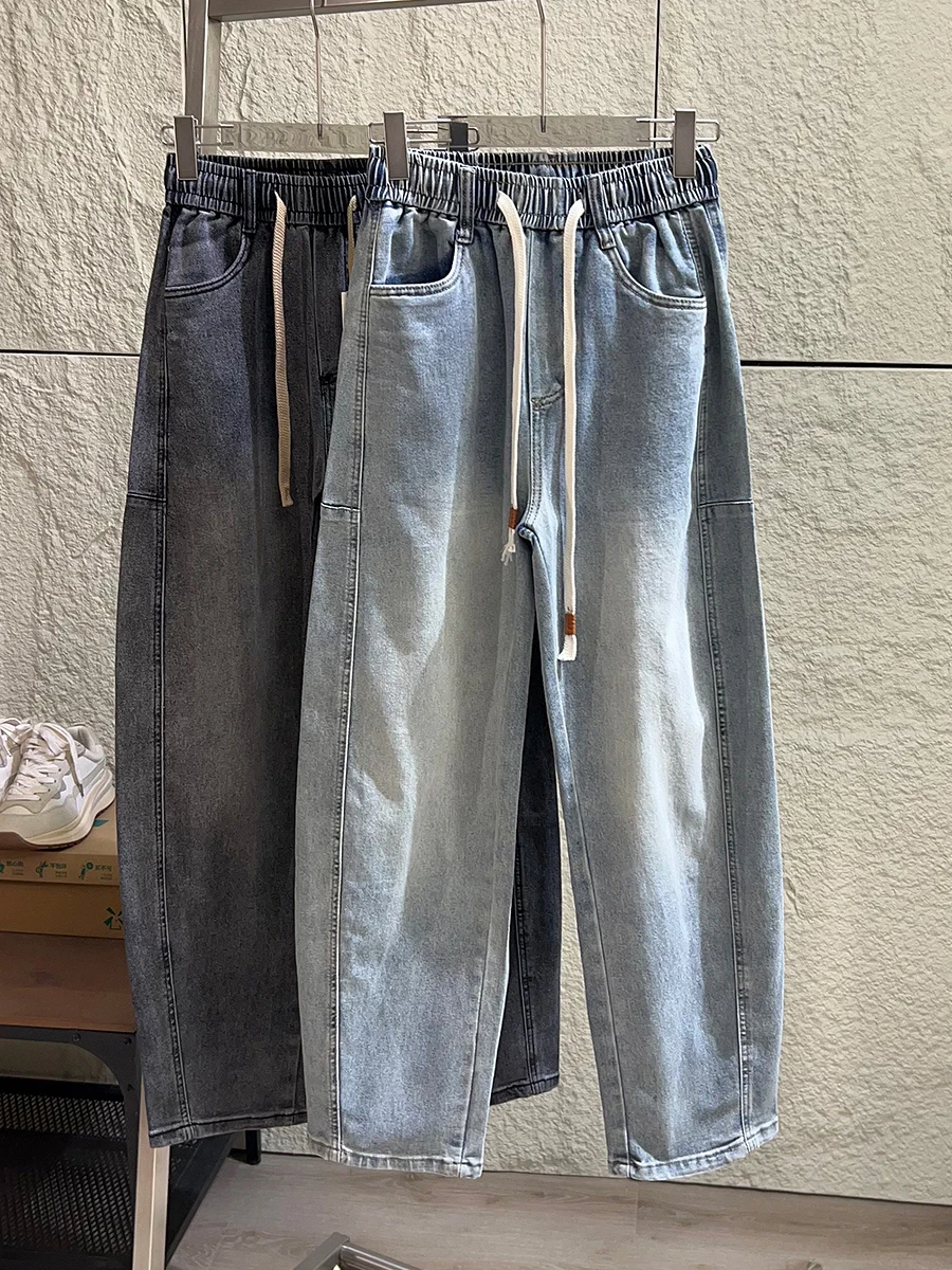 

Heavyweight Washed Cotton Stretch Men's Comfortable Elastic Waist Knife Wide Leg Jeans Trendy Spring Casual Straight Leg Jeans
