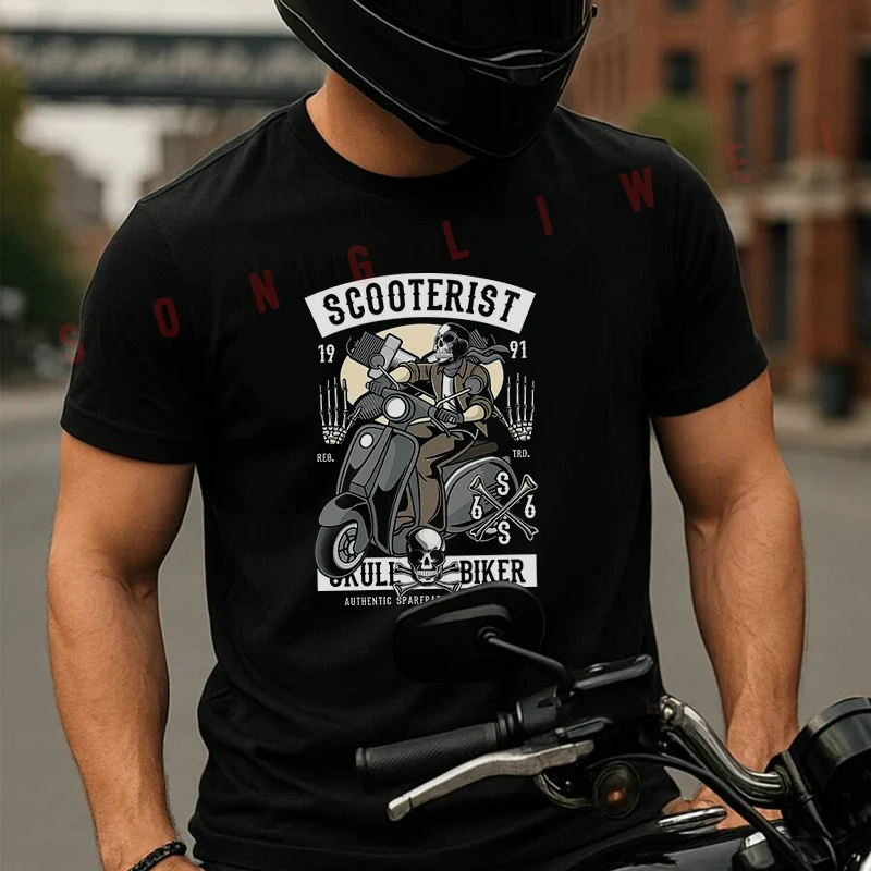 

Scooterist Skull Biker T-Shirt Motorrad Fans Moto New Fashion Summer Cotton Men Short Sleeve O-Neck T Shirt