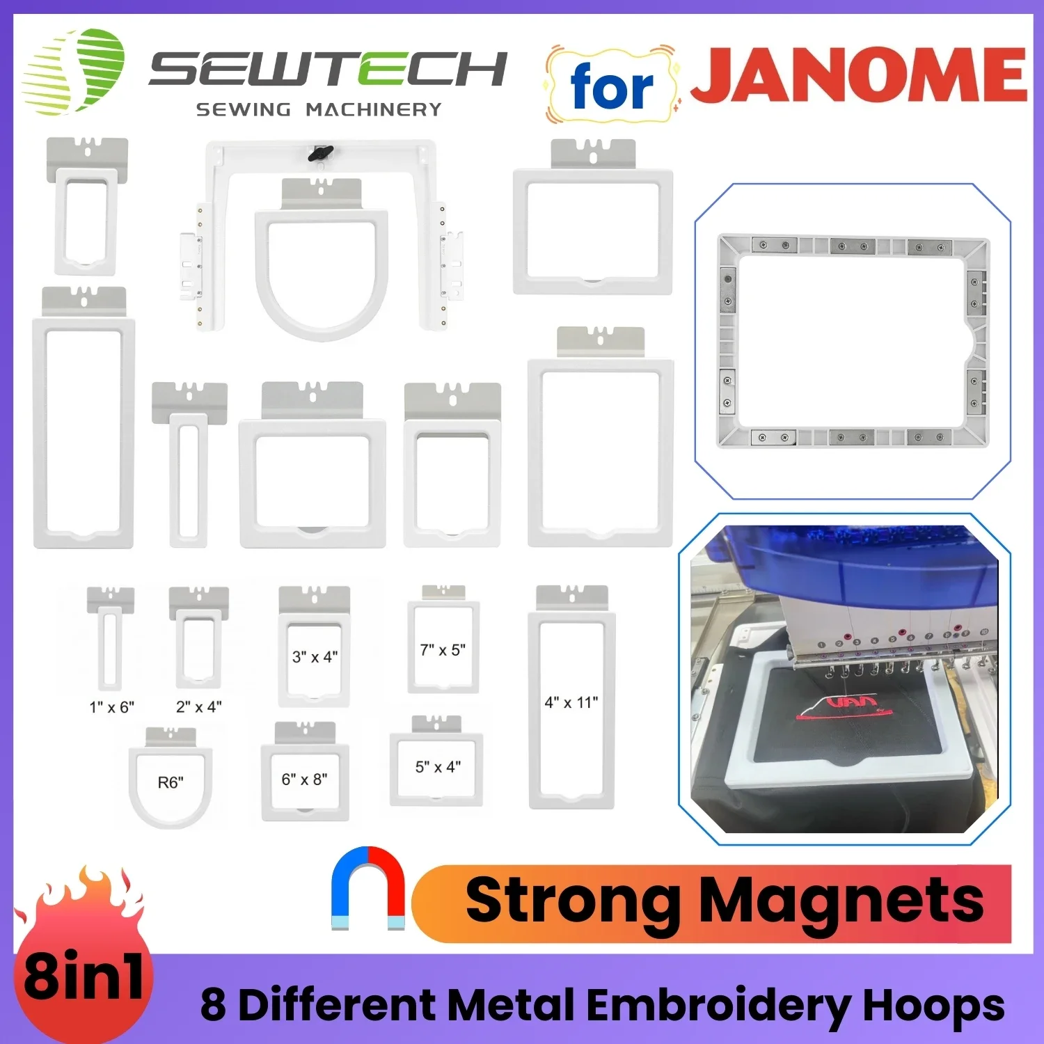 Janome MB4 MB7 Elna 830 870 Magnetic Hoopless Multi-Frame Embroidery Kit for Shirt Pockets, Sleeves, Socks, Cap Backs, and More