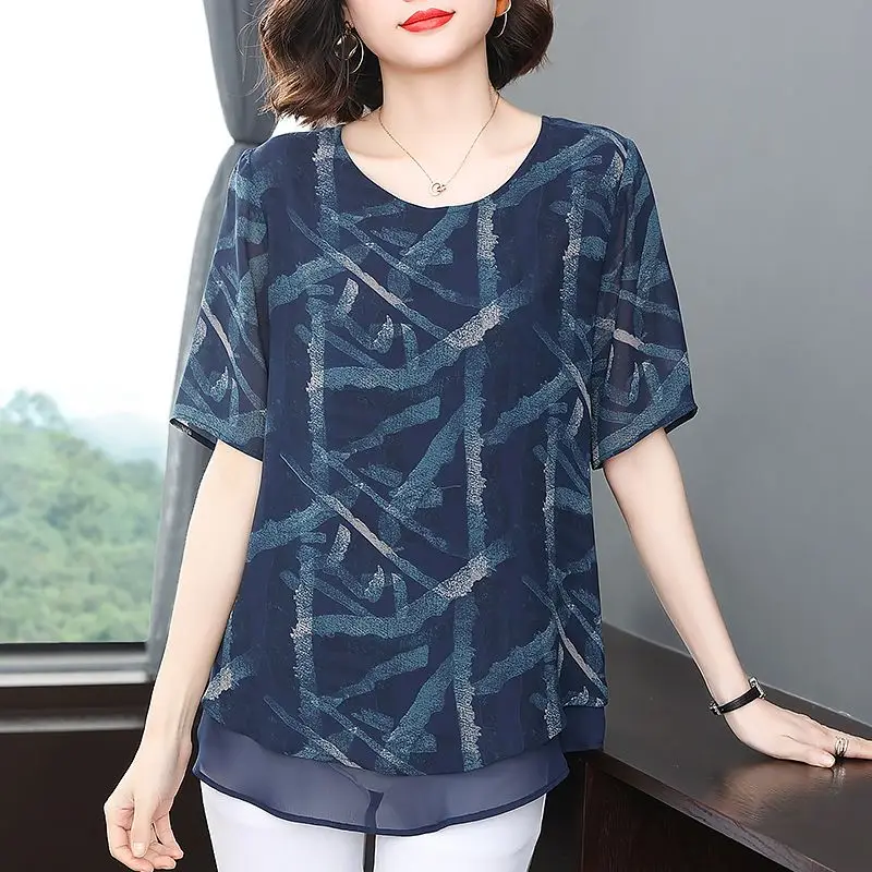 Plus size chiffon blouse met korte mouwen voor dames zomer nieuwe modieuze en chique grote maten tops voor mollige jonge moeders