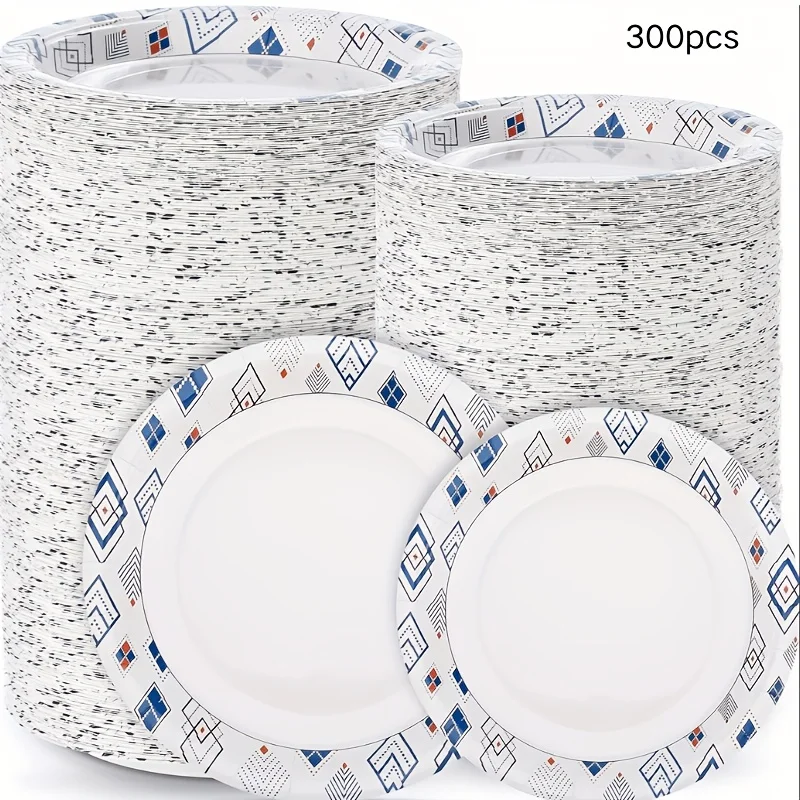

300 pcs Party Paper Plates, Including 9 Inch Heavy Duty Printed Disposable Plates And 7 Inch Soak Proof Disposable Paper Plate f