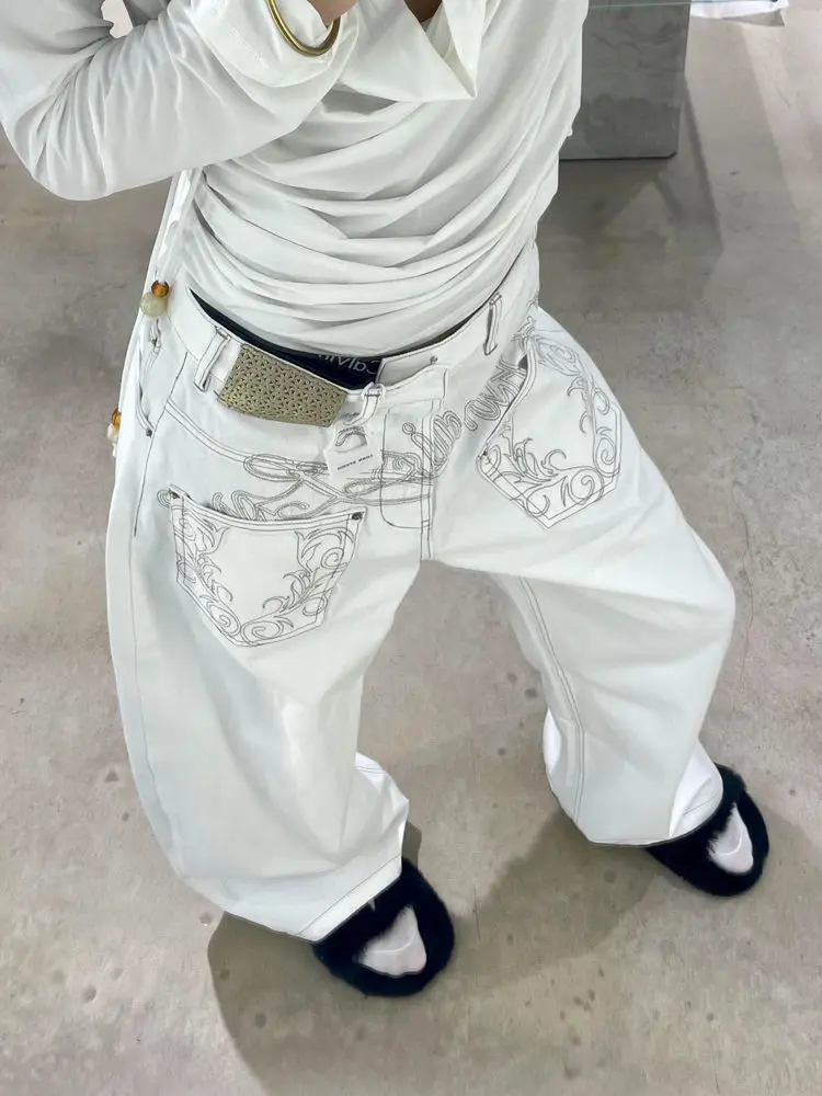 

Woman Summer Fashion American Retro Pants Pocket Embroidered White Jeans Street Hot Girl LooseCasual High Waist Wide Leg Jeans
