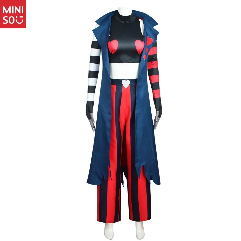 Set di costumi cosplay personaggio dei cartoni animati - Cappotto lungo alla moda con maniche a righe Hazbin Hotel Hell Inn Cos Costume cosplay in velluto