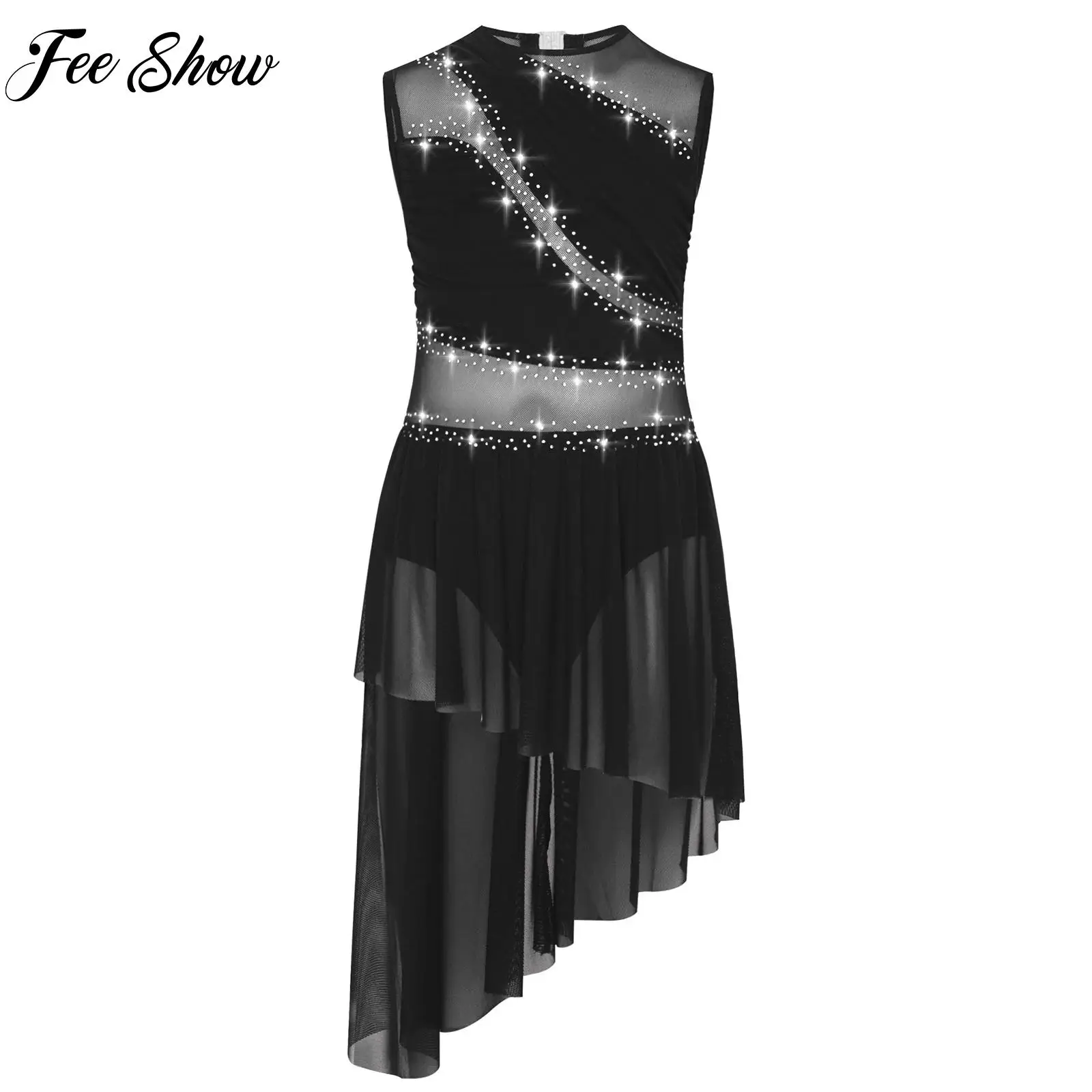 

Rhinestone Gymnastics Figure Skating Dress for Kids Girls Sleeveless Sheer Mesh Ballet Tutu Dress Lyrical Modern Dance Costume