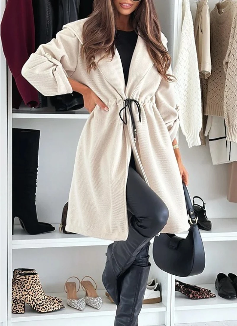 

2025 Women Autumn Hooded Coat Fashion Strap Lapel Casual Long Sleeve Winter Warm Outerwear Trench