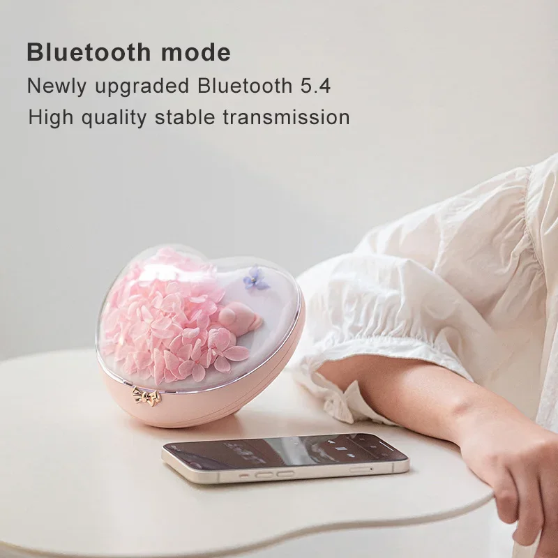 Heart-Shaped Bluetooth Speaker with Eternal Flower and Colorful LED Lights Creative Portable Wireless Audio HIFI Music Player