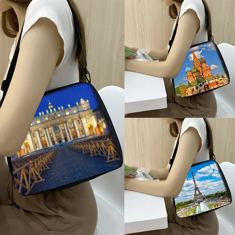 Eiffel Tower/St. Peter\'s Basilica/Saint Vasily Cathedral Women Shoulder Bags Handbag Canvas Underarm Crossbody Bags Gift